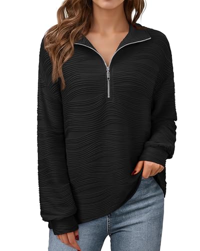 Vafoly Schwarz Sweatshirt Damen Herbst: Damen Langarmshirts V-Ausschnitt Sweatshirt Lässig Tunika Einfarbig Pullover Textured Comfy Loose Fit Kleidung 2024 Trendy Strick Schwarz L von Vafoly