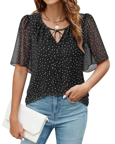 Vafoly Schwarze Bluse Damen Elegant 3/4 Arm: Chiffon Bluse Frühling Sommer Frauen V-Ausschnitt Kurzarm Casual Leicht 2025 Kordelzug Flowy Boho-Top Schwarz Weiße L von Vafoly