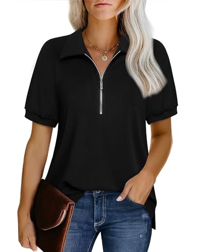 Vafoly Schwarzes Polo Shirt Frauen, Oberteil Bluse V-Ausschnitt Damen Kurzarm Sommer Blusen für Frauen Dressy Casual Loose Fit Damen Oberteil Basic Business Casual Clothes Solide Tunika Schwarz XL von Vafoly