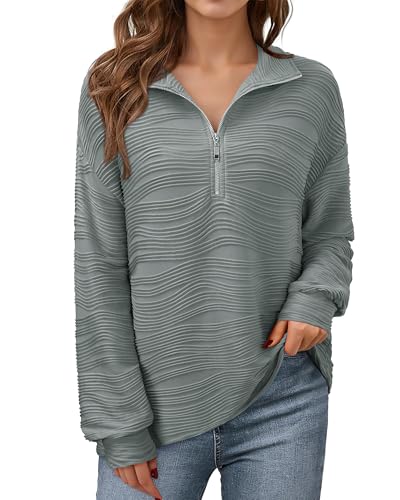 Vafoly Sweatshirt für Damen Herbst Winter: Langarm Shirts Damen Grau - Womens Half Zip Pullover mit V Ausschnitt - Outdoor-Oberteile Comfy Loose Fit Kleidung 2024 Trendy Grau M von Vafoly