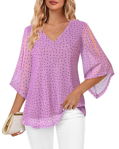 Vafoly Tunika Damen Elegant Kurzarm: Bluse Damen Sommer 3/4 Ärmel Lässig locker Flowy Boho-Top Festliche Blusen - Frauen V Ausschnitt Große Größe Bluse für Ausflüge, Ferien Rosa Lila XL von Vafoly