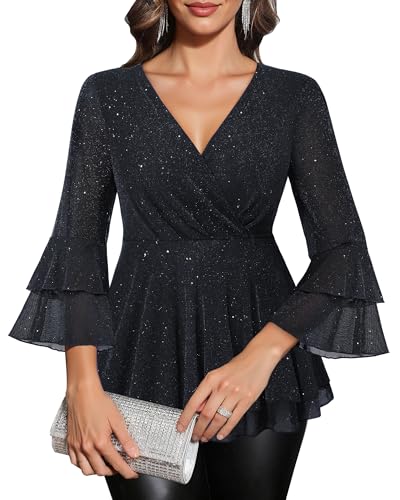Vafoly Tunika Schwarz Damen Langarm: V-Ausschnitt Blusen für Damen 3/4-ärmel Oberteile mit Rüschen Blusen für Frauen Elegant und Lässig Glitzer Damenmode Frühling/Herbst 2025 Neun Schwarz XL von Vafoly