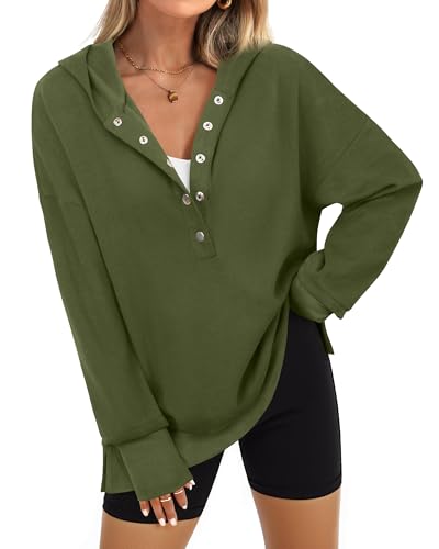 Vafoly Warme Kapuzenpullover Damen Winter: Langarm V-Ausschnitt Sweatshirt Einfarbig Leichter Pullover Hoodie für Den Herbst Tunika Armee-Grün L von Vafoly