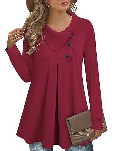 Vafoly Winter Pullover für Damen Warm Lang, Lange Tuniken für Frauen Herbst Pullover Cowl Neck Sweater Damen Langarm Warm Baumwolle Tunika für Leggings Weihnachten Sweatshirt Damen Magenta M von Vafoly