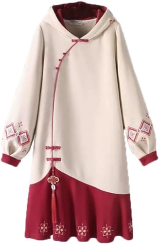 Chinesischer Kapuzen Pullover für Damen Hanbok Besticktes Stehkragen Kleid Hanbok lang ärmel iger gestickter verdickter Cheong sam Plus Größe (Aprikose,XL) von Vagbalena