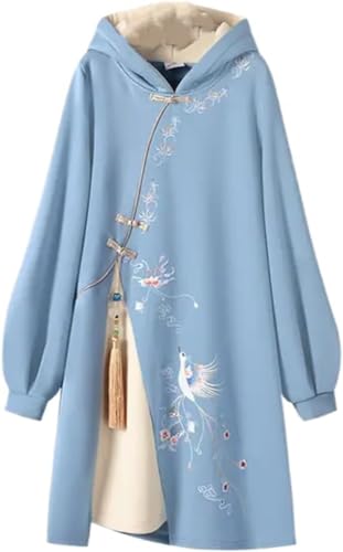 Chinesischer Kapuzen Pullover für Damen Hanbok Besticktes Stehkragen Kleid Hanbok lang ärmel iger gestickter verdickter Cheong sam Plus Größe (Blau 1,3XL) von Vagbalena