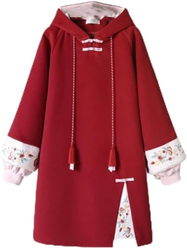 Chinesischer Kapuzen Pullover für Damen Hanbok Besticktes Stehkragen Kleid Hanbok lang ärmel iger gestickter verdickter Cheong sam Plus Größe (Rot,3XL) von Vagbalena