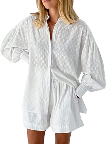 Damen 2-teiliges Bubble-Ärmel-Hemd mit Knöpfen und Shorts Set Freizeit-Set Sportswear-Button-Down-Shirt Kurzarm Y2k Streetwear (Weiß,L) von Vagbalena