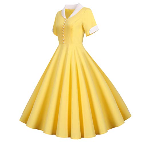 Damen 50er Jahre Vintage Kurzarm V-Ausschnitt Swing Kleid Langarm Kleider Damen Sommer Elegante Ballkleider Vintage Cocktailkleider (Gelb,XL) von Vagbalena