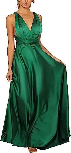 Damen Ballkleid Damen Lang Elegantes Langes Kleid Satin Feines Taillenkleid Tiefer V-Ausschnitt Ärmellose Träger Sexy Rückenfrei Hoher Bund Großer Saum Satin Kleid (Grün,M) von Vagbalena