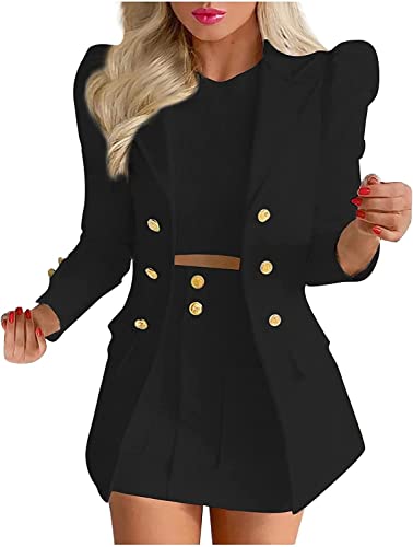 Damen Business Elegante Anzug Arbeit Rock Jacke zweiteilig Minirock Slim Karierten Blazer Streetwear zweiteilig Büro Blazer lässig Anzug (Schwarz,M) von Vagbalena