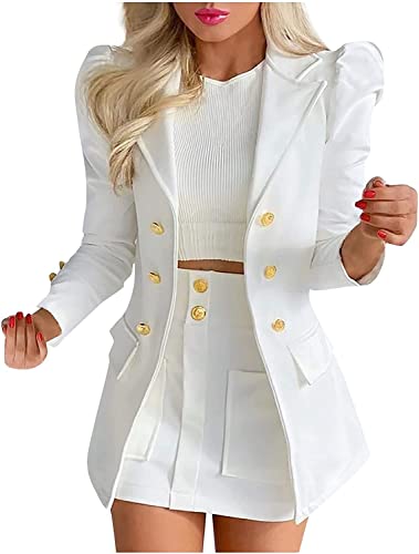 Damen Business Elegante Anzug Arbeit Rock Jacke zweiteilig Minirock Slim Karierten Blazer Streetwear zweiteilig Büro Blazer lässig Anzug (Weiß,S) von Vagbalena