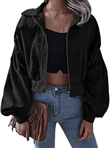 Damen Casual Laterne Ärmel Cord Jacke Zip Revers Cropped Jacke Cord Shirt Jacke Übergroße Ballon Ärmel Zip Shirt Jacke Kurz Jacke (Schwarz,L) von Vagbalena