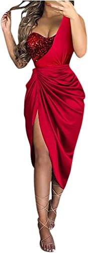 Damen Cocktailkleid Formell Elegant Bleistift Midi EIN-Schulter Partykleid Pailletten Schlank Sexy EIN-Schulter Schlitz Midi Kleid Abendkleid (Rot,L) von Vagbalena