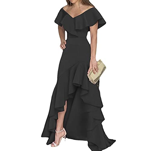 Damen Elegant Trägerlos Ballkleid V-Ausschnitt Lang Hoch Niedrig Unregelmäßig Gestreift Rüsche Elegantes Kleid 2023 Puffärmel Formales Kleid (Schwarz,M) von Vagbalena