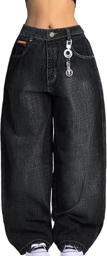 Damen Frühling Harajuku Hohe Taille Hip Hop Lose Jeans Weites Bein Mid-Low Rise Jeans 90er Vintage Jeans Lose Tube Jeans (Schwarz 3,S) von Vagbalena