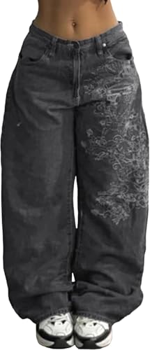 Damen Frühling Harajuku Hohe Taille Hip Hop Lose Jeans Weites Bein Mid-Low Rise Jeans 90er Vintage Jeans Lose Tube Jeans (schwarz 1,S) von Vagbalena