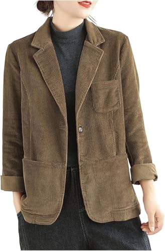 Damen Frühling Revers Cord Blazer Jacke Langarm Business geknöpft lässig taillierte Blazer mit Tasche solide Farbe Cord Jacke (Kaffee,M) von Vagbalena