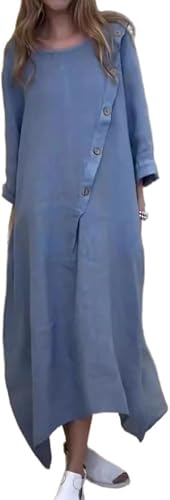 Damen Frühling Sommer Reine Farbe Leinen Rundhalsausschnitt Knopf Sieben Ärmel Kleid Lässig Langes Maxikleid Langarm Lässig Lose Große Größe Set (Blau,L) von Vagbalena