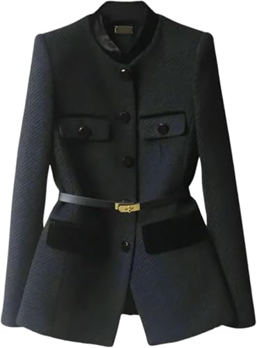 Damen Frühling Vintage Tweed Einreihige Jacke Geknöpft Eleganter Business-Anzug Runder Kragen Langarm Bluse Frontleiste Gürtel Anzugjacke (Schwarz,S) von Vagbalena