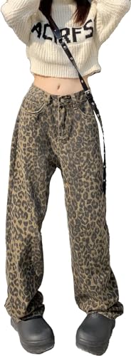 Damen Gothic Straight Leg Wide Jeans Y2K Hip Hop Lose Jeans Street Style Breites Bein gerade Leopard lässig Lose Denim (Leoparden Muster,L) von Vagbalena