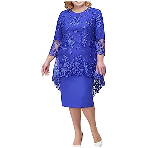 Damen Hof Chiffon Schal Cocktailkleider Feiertag Kleider Knie Party Kleider A-Linie Kleider mit Overlay Abschlussballkleider Spitze Stickerei Zweiteiliges Set (Blau,3XL) von Vagbalena