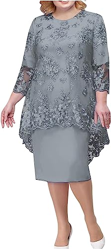 Damen Hof Chiffon Schal Cocktailkleider Feiertag Kleider Knie Party Kleider A-Linie Kleider mit Overlay Abschlussballkleider Spitze Stickerei Zweiteiliges Set (Grau,XXL) von Vagbalena