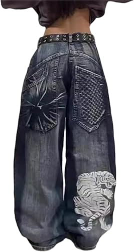 Damen-Jeans mit Hip-Hop-Stickereien modische lässige Streetwear Elegante lockere Jeans mit weitem Bein und Taschen Jeans mit bedrucktem Muster (Blau 1,M) von Vagbalena