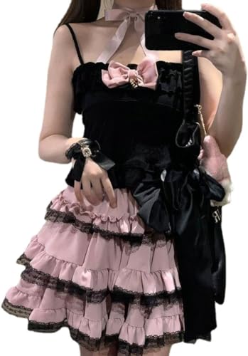 Damen Kawaii Lolita Sommer süß rosa Spitzen Besatz Y2k nur süß gotisch niedlich plissierter Rock elastisch Taille Bunt Blocking niedlich Spitze Rüschen Rock (Rosa,M) von Vagbalena