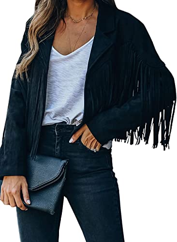 Vagbalena Damen Knopfleiste Faux PU Lederjacke Faux Wildleder Fransen Jacke Revers Cropped Biker Jacke Jacke Shirt Langarm Blazer (Schwarz,M) von Vagbalena