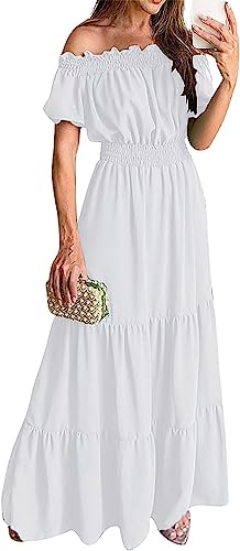 Damen Lang Einfarbig Trägerlos Kurzarm Puffärmel Langes Kleid Hoher Taillensaum Kleid Rücken Geschichtet Plissee Kleid EIN Hals Gothic Kleid (Weiß,M) von Vagbalena