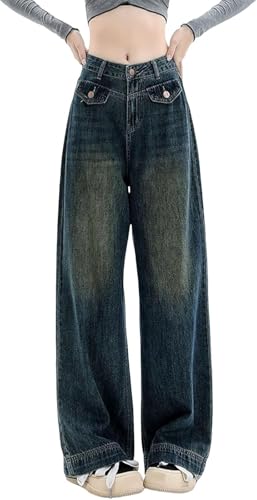 Damen Loose Y2k Boyfriend Jeans mit Taschen Loose Fit Straight Wide Leg Hip Hop Vintage Jeans Wide Leg Loose Pants Long Pants (Blau 3,L) von Vagbalena