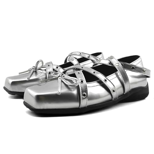 Damen Mädchen Gothic Mary Jane Niedriger Absatz Quadratische Zehe Flats Kreuz Krawatte Schnalle Bowknot Kleine Einzelne Schuhe Retro Shallow Mouth Niete Ballettschuhe (B-Silber,36) von Vagbalena