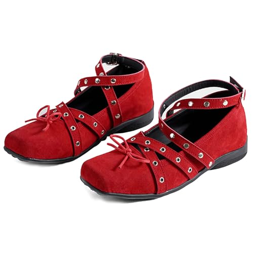 Damen Mädchen Gothic Mary Jane Niedriger Absatz Quadratische Zehe Flats Kreuz Krawatte Schnalle Bowknot Kleine Einzelne Schuhe Retro Shallow Mouth Niete Ballettschuhe (B-rot,37) von Vagbalena