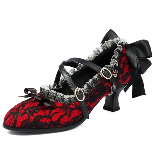 Damen Mädchen Kawaii Schleife Spitze Mary Janes Vintage Gothic Harajuku Stil Spitzschuh Flach Cosplay Kreuzgurt High Heels Party Abendschuhe (Rot,37) von Vagbalena