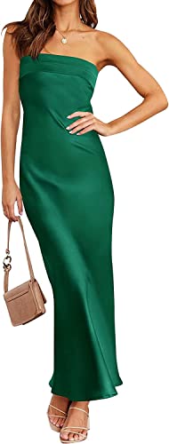 Damen Sommer 2023 Satin Trägerloses Kleid Elegante Kleider Abend Party Abendkleider Sexy Rückenfrei Hochzeit Cocktail Maxi Kleid (Dunkelgrün,S) von Vagbalena