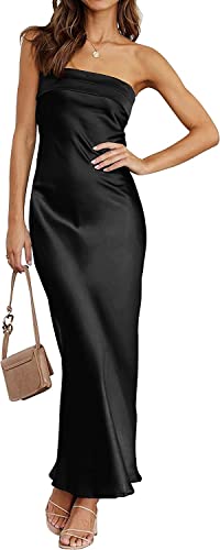 Damen Sommer 2023 Satin Trägerloses Kleid Elegante Kleider Abend Party Abendkleider Sexy Rückenfrei Hochzeit Cocktail Maxi Kleid (Schwarz,S) von Vagbalena