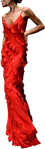 Damen Spaghettiträger Ärmelloses Hohl Maxi Kleid Rückenfreies Kleid Floral Quaste Langes Kleid Y2k Ärmelloses Rückenfreies Quastenkleid Transparentes Tüllkleid (Rot,S) von Vagbalena