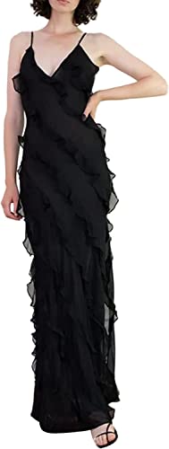 Damen Spaghettiträger Ärmelloses Hohl Maxi Kleid Rückenfreies Kleid Floral Quaste Langes Kleid Y2k Ärmelloses Rückenfreies Quastenkleid Transparentes Tüllkleid (Schwarz,S) von Vagbalena