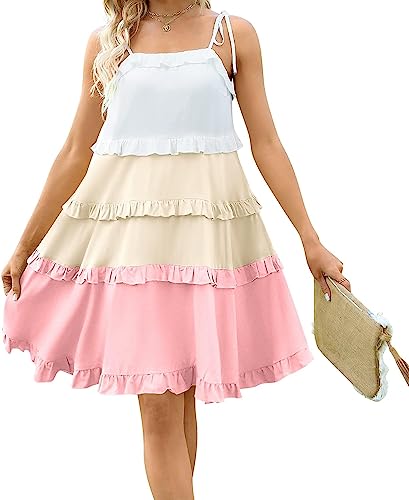 Damen Spaghettiträger Kleid Stück Farbe Kaskade sexy fließend kleines Kleid Rüsche sexy fließend Mini Strand Tag Kleid Spaghetti-Träger Kleid (Pink,L) von Vagbalena