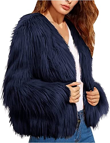 Damen Strickjacke Kunstpelz Strickjacke Vintage Parka Pelzjacke Mantel Flauschiger Mantel Luxus Winter Warmer Flauschiger Kurzmantel Jacke Parka (Navy blau,XL) von Vagbalena