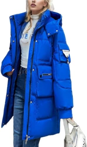 Damen Winter Lang Warm Daunenjacke Kapuze Casual Daunenjacke Lang Warm Kapuze Steppjacke Winter Outdoor Parka Lang Übergangsjacke (Blau,L) von Vagbalena