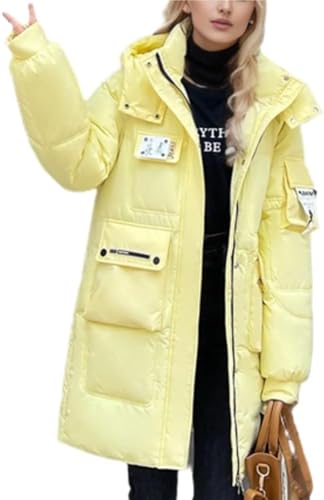 Damen Winter Lang Warm Daunenjacke Kapuze Casual Daunenjacke Lang Warm Kapuze Steppjacke Winter Outdoor Parka Lang Übergangsjacke (Gelb,L) von Vagbalena