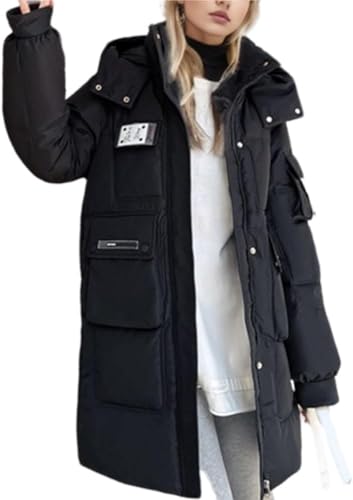Damen Winter Lang Warm Daunenjacke Kapuze Casual Daunenjacke Lang Warm Kapuze Steppjacke Winter Outdoor Parka Lang Übergangsjacke (Schwarz,M) von Vagbalena