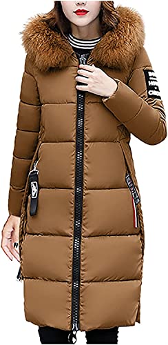 Damen Winterjacke Daunenjacke mit Kapuze dünne leichte faltbare Jacke Mode große Größe durchgehender Reißverschluss Daunenjacke langer Stehkragen langer Erbsenmantel (Kaffee,M) von Vagbalena