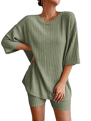 Damen halbärmliges Oberteil und Shorts Set Pyjama gerippte gestrickte kurzärmlige 2-teilige T-Shirt-Biker-Shorts Pyjamas Lounge wear Sport Bekleidung (Grün,XXL) von Vagbalena