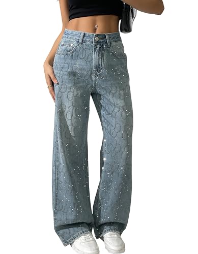 Damen hohe Taille Glitter Pailletten Strass lose mit Taschen Jeans hohe Taille Perlen Vintage Street Jeans Hot Strass weites Bein Hose (Hellblau,S) von Vagbalena
