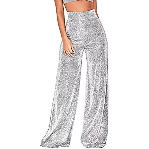 Damenhose mit weitem Bein Metallic Shiny High Waisted Hose Clubwear Disco Loose Flared Pants Glitter High Waisted Wide Leg Pants Streetwear (Silber,S) von Vagbalena