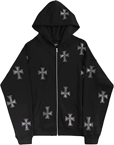 Vagbalena Damenjacke Zip Hoodie Punkjacke Cross Print Übergroßer Hoodie Y2k Loose Zip Hoodie Herrenmode Sweatshirt Paar Streetwear (Schwarz,M) von Vagbalena