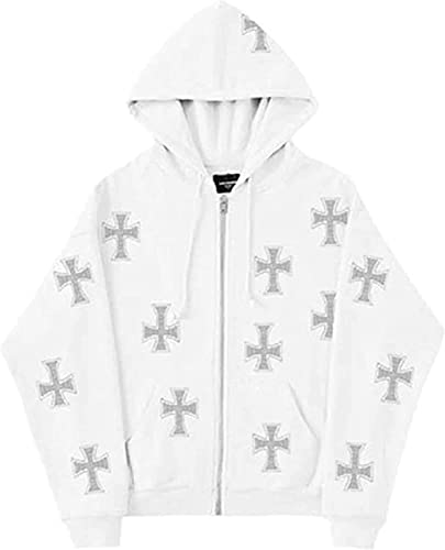 Vagbalena Damenjacke Zip Hoodie Punkjacke Cross Print Übergroßer Hoodie Y2k Loose Zip Hoodie Herrenmode Sweatshirt Paar Streetwear (Weiß,M) von Vagbalena